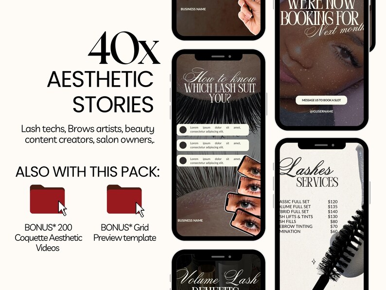 Puede incluir: Un conjunto de plantillas de marketing digital con 40 dise&ntilde;os de historias est&eacute;ticas para profesionales de pesta&ntilde;as y cejas. El dise&ntilde;o incluye maquetas de tel&eacute;fonos inteligentes que muestran texto como How to know which lash suit you.