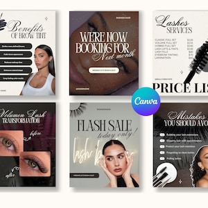 May include: A collection of six square social media templates for a beauty business featuring text overlays like Benefits of Brow Tint, We're Now Booking, Lashes Services Price List, Volumen Lash Transformation, Flash Sale, and Mistakes You Should Avoid.