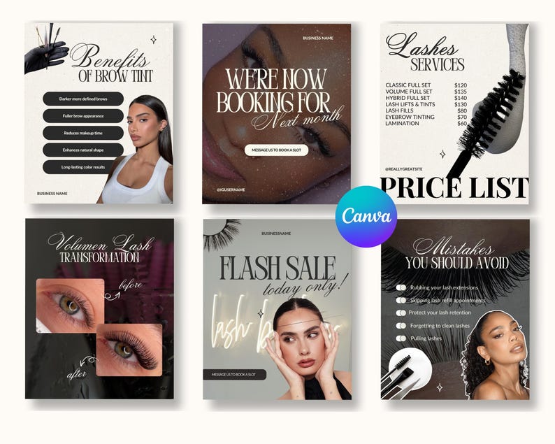 May include: A collection of six square social media templates for a beauty business featuring text overlays like Benefits of Brow Tint, We're Now Booking, Lashes Services Price List, Volumen Lash Transformation, Flash Sale, and Mistakes You Should Avoid.