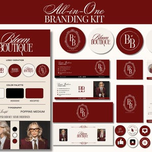 May include: A branding kit with a burgundy and cream color scheme. The kit includes logo variations, business cards, and social media icons. The Bloom Boutique logo is displayed in various formats.