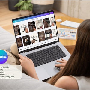 May include: A silver laptop displaying a Canva interface with a grid of social media templates featuring lash-themed graphics and text. The screen shows editable design elements, while a text box on the left lists: Easy change: Fonts, Colors, Photos, Text and layouts.