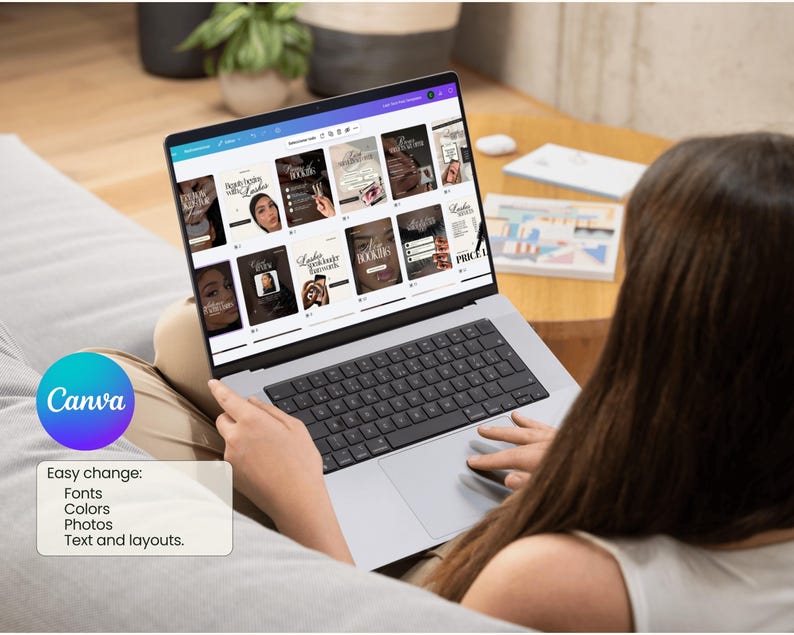 May include: A silver laptop displaying a Canva interface with a grid of social media templates featuring lash-themed graphics and text. The screen shows editable design elements, while a text box on the left lists: Easy change: Fonts, Colors, Photos, Text and layouts.