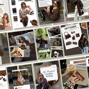 Puede incluir: Un collage de imágenes con contenido de moda y estilo de vida. Las imágenes incluyen gafas de sol, bolsos, café y texto como "What's in my bag" y "Gift Guide". La paleta de colores está dominada por marrones, cremas y negros.