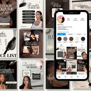 May include: A smartphone displaying an Instagram profile page for Millie Smith, surrounded by a grid of social media templates featuring lash and brow service information, price lists, and beauty tips with text overlays in a neutral color palette.