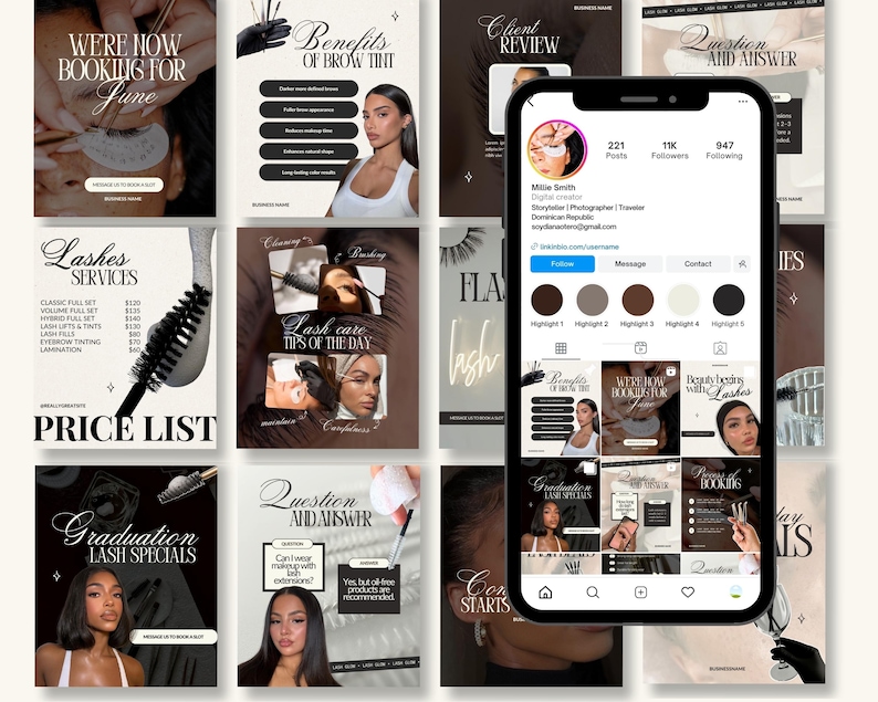 May include: A smartphone displaying an Instagram profile page for Millie Smith, surrounded by a grid of social media templates featuring lash and brow service information, price lists, and beauty tips with text overlays in a neutral color palette.
