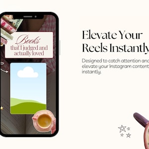 May include: A smartphone screen displays a social media post with the text "Books that I judged and actually loved." The post includes a graphic of a cloud and green hills, with a cup of coffee and the text "Elevate Your Reels Instantly."