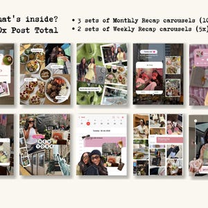 May include: A digital collection of social media templates featuring 40 posts total, including 3 sets of monthly recap carousels with 10 slides each and 2 sets of weekly recap carousels with 5 slides each, displaying various lifestyle photography.