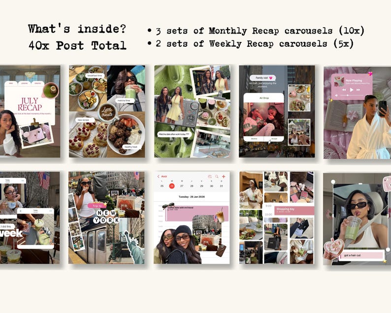 May include: A digital collection of social media templates featuring 40 posts total, including 3 sets of monthly recap carousels with 10 slides each and 2 sets of weekly recap carousels with 5 slides each, displaying various lifestyle photography.