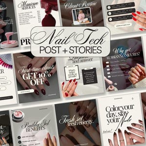 Könnte beinhalten: Eine Sammlung digitaler Social-Media-Vorlagen für Nageldesigner mit verschiedenen Layouts und Texten wie Nail Tech POST + STORIES, Manicure Services, Client Review und Why get RUSSIAN MANICURES, die manikürte Fingernägel zeigen.