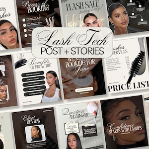 May include: A collection of social media templates for lash technicians featuring a neutral colour palette of cream, black, and white. The designs include text such as Lash Tech Post + Stories, Price List, Client Review, and various beauty-related headings.