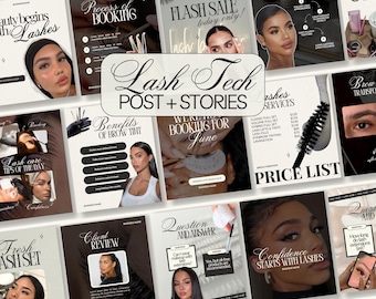 May include: A collection of social media templates for lash technicians featuring a neutral color palette of cream, black, and white. The designs include text such as Lash Tech Post + Stories, Price List, Client Review, and various beauty-related headings.
