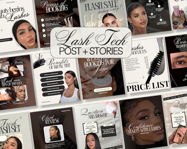 Puede incluir: Una colecci&oacute;n de plantillas para redes sociales destinadas a t&eacute;cnicos de pesta&ntilde;as con una paleta de colores neutros en crema, negro y blanco. Los dise&ntilde;os incluyen textos como Lash Tech Post + Stories, Price List, Client Review y varios encabezados.
