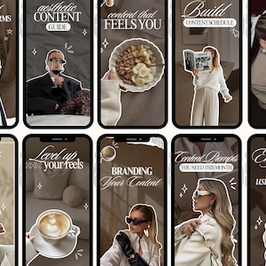 May include: A collection of smartphone screen mockups with text overlays. The screens feature images of people, food, and text such as "Content That Performs", "aesthetic CONTENT GUIDE", and "Reels MADE EASY". The color palette is neutral with brown and beige tones.