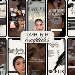 Puede incluir: Una colección de diez plantillas digitales para redes sociales destinadas a técnicos de pestañas, con varios diseños y superposiciones de texto como Question and Answer, Flash Sale, Lash Care Tips y Price List en pantallas de teléfonos inteligentes.