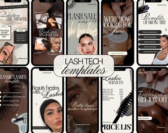 May include: A collection of ten digital social media templates for lash technicians, featuring various layouts with text overlays like Question and Answer, Flash Sale, Lash Care Tips, and Price List, displayed on smartphone screens with a neutral color palette.