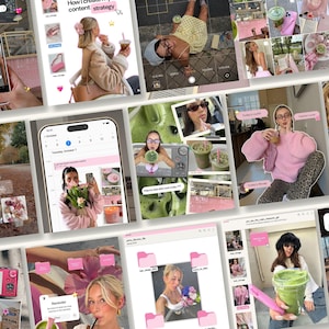 Puede incluir: Un collage de imágenes con una estética rosa y verde. Las imágenes muestran a personas sosteniendo bebidas, usando teléfonos e interactuando con flores. Algunas imágenes tienen texto, incluyendo "How I create my content strategy" y "Today's mood".