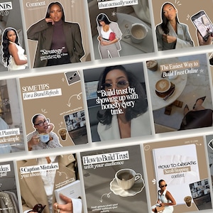 Puede incluir: Una colección de publicaciones en redes sociales con una paleta de colores neutros. Las publicaciones presentan imágenes de mujeres, tazas de café y superposiciones de texto con frases como "Estrategia", "Generar confianza" y "Contenido que detiene el desplazamiento". El tema general es negocios y marketing.