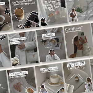 May include: A collection of Instagram post templates with text overlays. The templates feature images of coffee, laptops, and people. Text includes "Easy Ways to Make Your Content Look High-End" and "December content ideas."