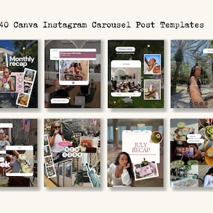 May include: A set of 40 Canva Instagram carousel post templates featuring various lifestyle layouts, photo collages, and text overlays. The designs include themes like monthly recaps, wellness routines, and travel logs with placeholders for images and text.