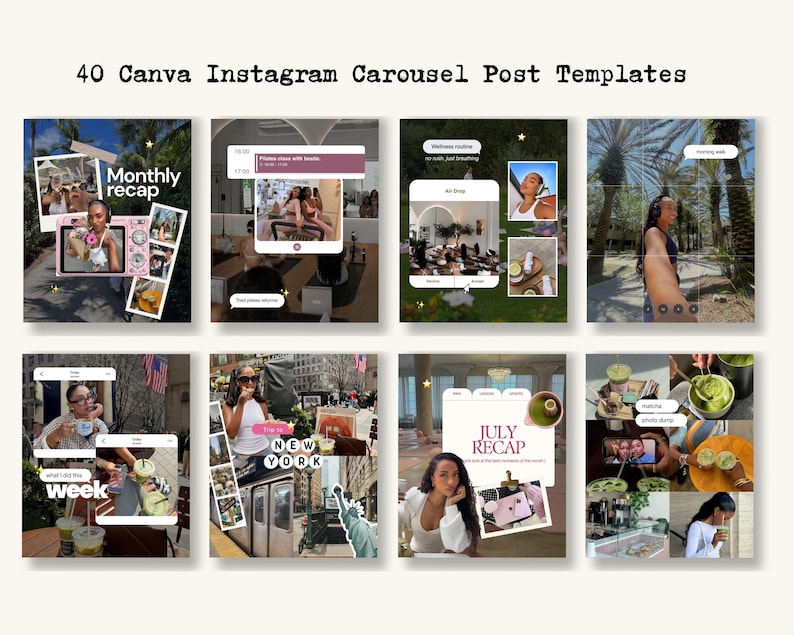 May include: A set of 40 Canva Instagram carousel post templates featuring various lifestyle layouts, photo collages, and text overlays. The designs include themes like monthly recaps, wellness routines, and travel logs with placeholders for images and text.