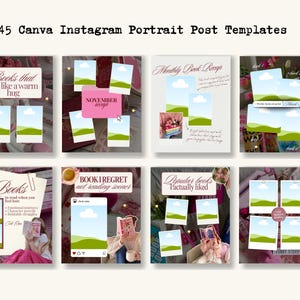 May include: A collection of 45 Canva Instagram portrait post templates. Each template features a pink and white color scheme with text overlays such as "Books that feel like a warm hug" and "Monthly Book Recap". The templates are designed for book-related content.