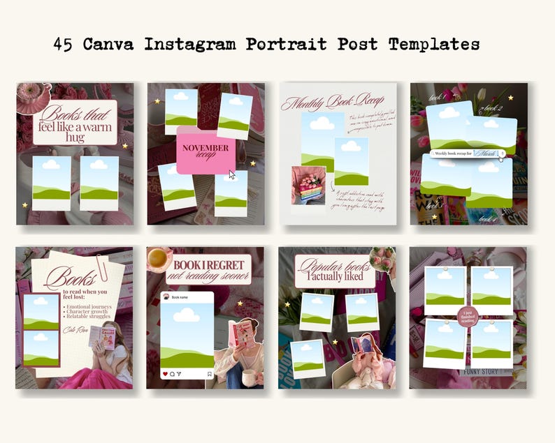 May include: A collection of 45 Canva Instagram portrait post templates. Each template features a pink and white color scheme with text overlays such as "Books that feel like a warm hug" and "Monthly Book Recap". The templates are designed for book-related content.