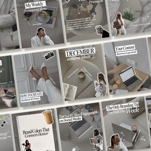 Op de afbeelding: Een verzameling Instagram-postsjablonen met tekstoverlays. De sjablonen bevatten tekst als "My Weekly Content Flow", "December Content Ideas" en "Brand Colors That Convert Better". De afbeeldingen bevatten laptops, koffiekopjes en decoratieve elementen.