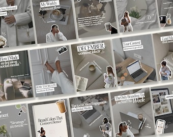 May include: A collection of Instagram post templates with text overlays. The templates feature text like "My Weekly Content Flow", "December Content Ideas", and "Brand Colors That Convert Better". The images include laptops, coffee cups, and decorative elements.