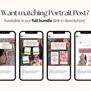 May include: Four smartphones displaying Instagram posts with a soft, feminine aesthetic. The posts feature text overlays like "Soft girl reading era" and "Popular books I actually liked." The top text reads "Want matching Portrait Post?" and "Available in our full bundle (link in description)."
