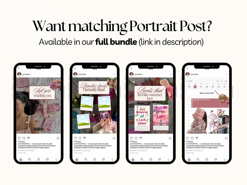 May include: Four smartphones displaying Instagram posts with a soft, feminine aesthetic. The posts feature text overlays like "Soft girl reading era" and "Popular books I actually liked." The top text reads "Want matching Portrait Post?" and "Available in our full bundle (link in description)."