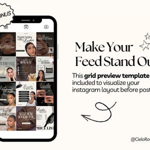 May include: A smartphone displaying a social media grid preview template with various beauty-themed post designs. The text reads: Make Your Feed Stand Out. This grid preview template is included to visualize your instagram layout before posting.