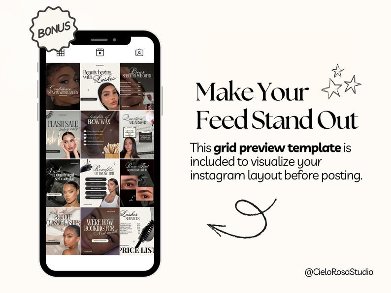 May include: A smartphone displaying a social media grid preview template with various beauty-themed post designs. The text reads: Make Your Feed Stand Out. This grid preview template is included to visualize your instagram layout before posting.