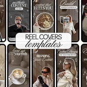 Op de afbeelding: Een verzameling Instagram Reel-cover sjablonen met diverse ontwerpen en tekstoverlays. De covers tonen afbeeldingen van mensen, eten en objecten, met tekst zoals "esthetische contentgids" en "branding van je content". De algehele esthetiek is modern en stijlvol.