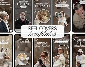 May include: A collection of Instagram Reel cover templates with various designs and text overlays. The covers feature images of people, food, and objects, with text such as "aesthetic content guide" and "branding your content". The overall aesthetic is modern and stylish.