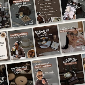 May include: A grid of social media graphics featuring lifestyle photography, coffee, handbags, and text overlays such as Brand Colors That Convert Better, Lead Magnet Ideas, My Favorite Apps For Content Creation, and Posting Strategies That Actually Work.