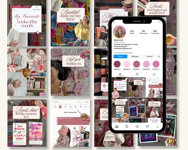 May include: A collage of images with a pink and white aesthetic, featuring books, a phone, and text overlays. The text includes "My Favourite books of the month," "Booktok made me buy these," and "Books that feel like summer love."