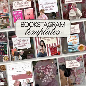 May include: A collage of Instagram templates with a book theme. The templates feature book covers, quotes, and images of people reading. The text "BOOKSTAGRAM templates" is displayed prominently. The color scheme is primarily pink and white.