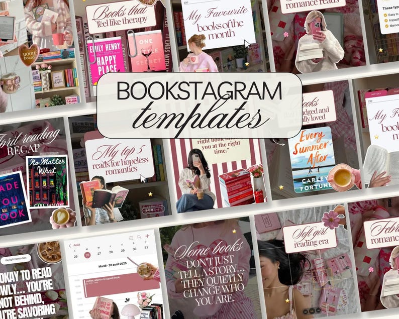 May include: A collage of Instagram templates with a book theme. The templates feature book covers, quotes, and images of people reading. The text "BOOKSTAGRAM templates" is displayed prominently. The color scheme is primarily pink and white.