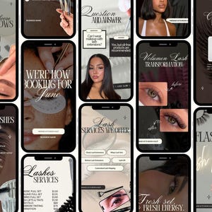Puede incluir: Una colecci&oacute;n de diez plantillas de pantalla de tel&eacute;fono inteligente para un sal&oacute;n de belleza, con superposiciones de texto como Why Choose Henna Brows, Client Review y Lash Services We Offer, junto con fotograf&iacute;as en primer plano de pesta&ntilde;as.
