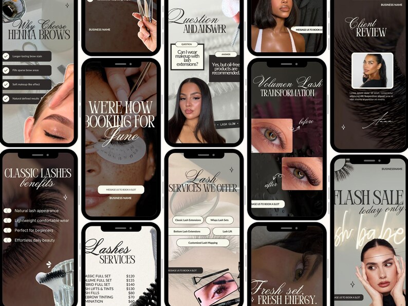 Puede incluir: Una colecci&oacute;n de diez plantillas de pantalla de tel&eacute;fono inteligente para un sal&oacute;n de belleza, con superposiciones de texto como Why Choose Henna Brows, Client Review y Lash Services We Offer, junto con fotograf&iacute;as en primer plano de pesta&ntilde;as.