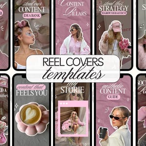 Op de afbeelding: Een verzameling Instagram Reel cover templates weergegeven op smartphones. De templates hebben een roze en witte kleurstelling met verschillende tekstoverlays zoals "Content Pillars" en "Aesthetic Content Guide". De tekst "REEL COVERS templates" is prominent aanwezig.