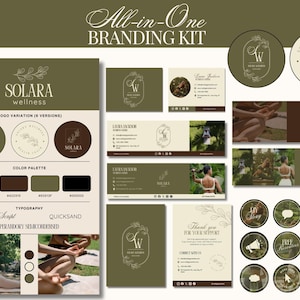 Op de afbeelding: Een alles-in-één branding kit met een wellness thema. De kit bevat logo-variaties, kleurenpaletten, visitekaartjes, social media graphics en een bedankkaart. Het kleurenschema bevat olijfgroen, bruin en crèmetinten. De tekst "SOLARA wellness" is zichtbaar.