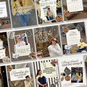 May include: A collection of social media posts with a neutral color palette. The posts feature text like "My Content Creation Strategy" and "Your brand needs clarity, not trends." Images include coffee cups, laptops, and photos of people.