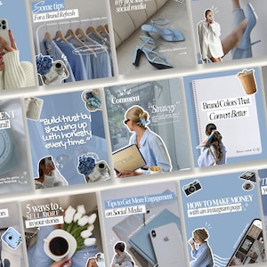 Op de afbeelding: Een verzameling Instagram-posttemplates in blauw- en wittinten. De templates bevatten tekst, foto's en illustraties met betrekking tot social media marketing, branding en content creatie. De afbeelding bevat een verscheidenheid aan items, zoals een camera, een koffiekopje en een telefoon.