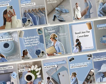 Blue Aesthetic Canva Instagram Templates, Trendy Modern Pinterest Inspired Templates, Social Media Agency Kit, Content Creator Pack for SMM.