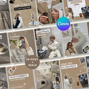 May include: A collection of social media marketing templates with a neutral color palette. The templates feature text overlays with phrases like "Content Ideas," "Top 6 Tools," and "How to Build Trust." The Canva logo is visible.