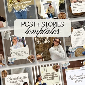 Könnte beinhalten: Eine Sammlung von Social-Media-Vorlagen mit dem Text "POST + STORIES templates". Die Vorlagen zeigen Bilder von Personen, Kaffeetassen und Textüberlagerungen mit Branding- und Marketing-Tipps. Die Farbpalette umfasst Beige, Braun und Weiß.
