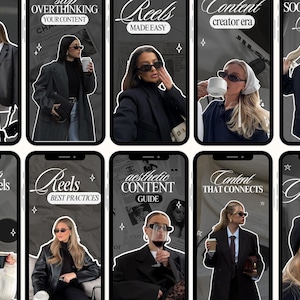 Pode incluir: Uma colagem de telas de smartphones com texto e imagens relacionadas a mídias sociais e criação de conteúdo. As telas apresentam mulheres em trajes elegantes, com sobreposições de texto como "Como crescer online" e "Reels Made Easy."