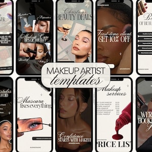 Puede incluir: Una colección de diez plantillas de pantalla de teléfono inteligente para maquilladores con varios diseños y superposiciones de texto como Question and Answer, Christmas Beauty Deals, Makeup Mistakes You Should Avoid y Price List, mostrando diversos modelos e imágenes de aplicación de maquillaje.