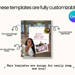 May include: A digital template for social media featuring the text 'JULY RECAP' and 'A quick look at the best moments of the month.' The design includes a photo of a person, a matcha drink, and a laptop, with Canva branding and instructional text.